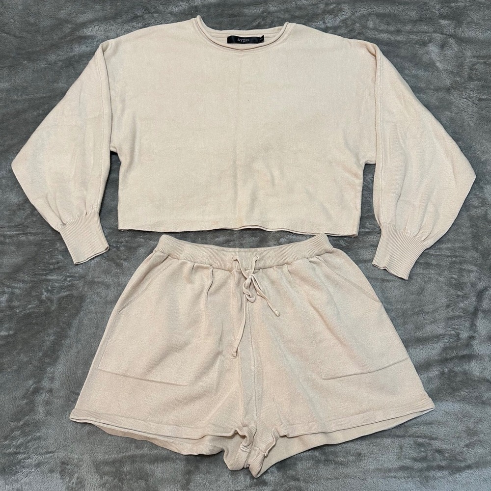 SYZRI 2 Piece Sweater Set Beige Knit Long Sleeve Top and Shorts Small
